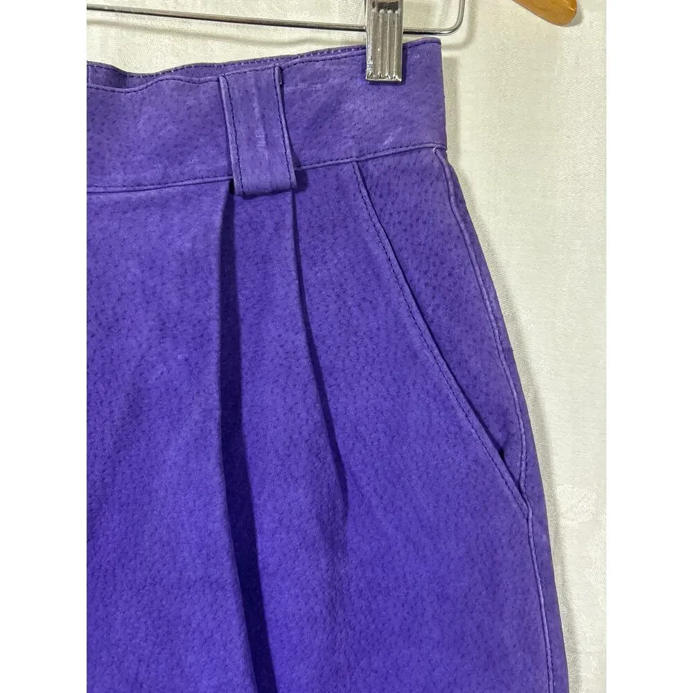Vintage San Remo Leather Shorts 8 Purple Pleated Long Mom Lined Pebbled Suede
